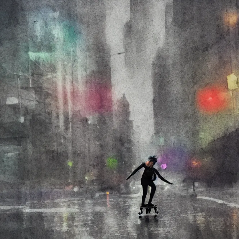 Prompt: punk girl skateboarding in the city, simple watercolor, rough paper texture, backlit cyberpunk buildings, wet roads at night reflecting the lights from buildings, dust, fog, cloudy night sky, dslr, 4 k, fisheye