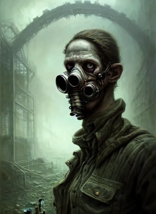 Image similar to portrait shot of zombie with gasmask in a scenic dystopian environment, intricate, elegant, highly detailed, centered, digital painting, artstation, concept art, smooth, sharp focus, illustration, artgerm, tomasz alen kopera, peter mohrbacher, donato giancola, joseph christian leyendecker, wlop, boris vallejo