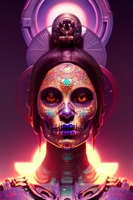 Image similar to ultra detailed female android deity, scifi, fantasy, octane render, unreal engine, dia de los muertos, asymmetrical intricate concept art, triadic color, art by godmachine and artgerm and greg rutkowski and alphonse mucha, 8 k, artstation, cgstation, behance