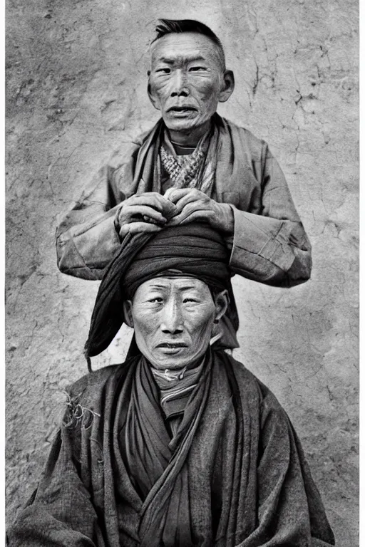 Prompt: ultra realistic vintage photo portrait of a tibetan man made of birdcage