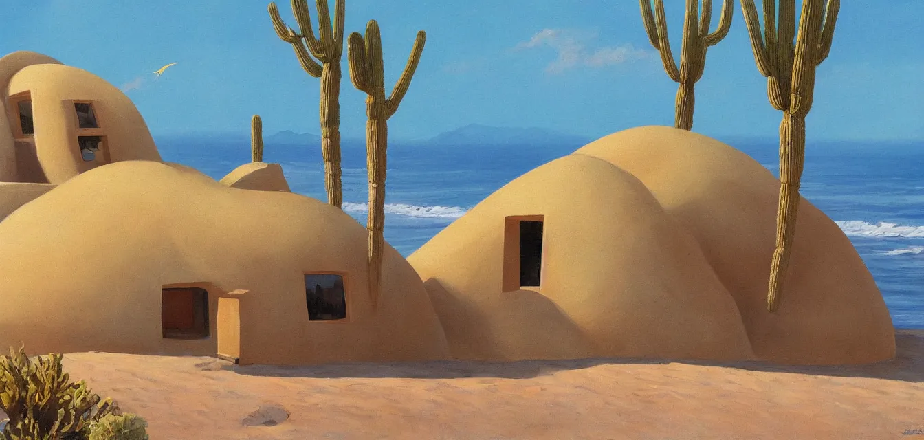 Prompt: a baja california desert by the sea, a seashell shaped house, background painting by maurice noble, looney tunes