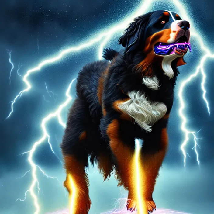 Image similar to a male human - bernese mountain dog hybrid as zeus, shooting lightning bolts from his paws, by greg rutkowski and alex grey, intricate details, artstation, furry, psychedelic, hd, beautiful