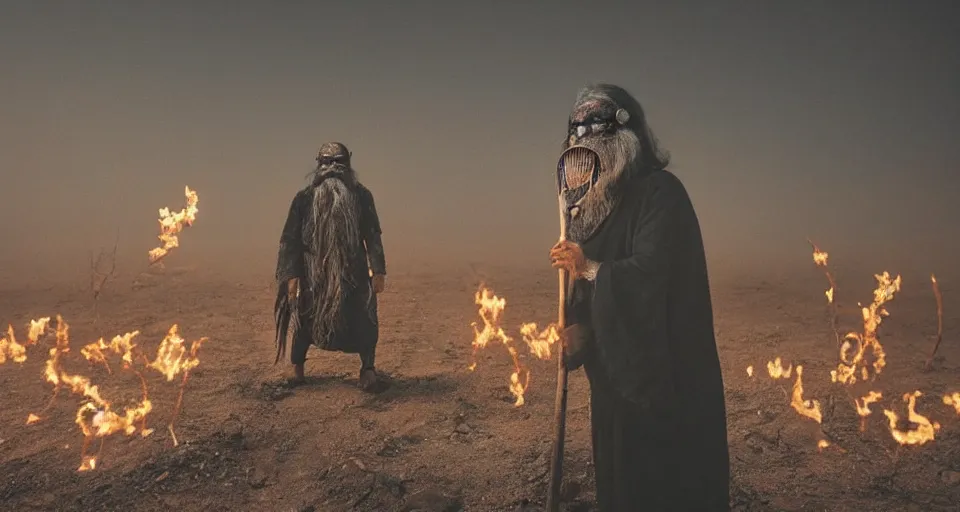 Image similar to full body shot of old asian man with long beard, his head covered in roots, full face occult silver mask, bright multiple glowing eyes, holding a large carved wooden dark fractal stick, thick smoke around him, in the burning soil desert, cinematic shot, wide angle, dark desert background, volumetric lighting by Denis Villeneuve, Lubezki, Gaspar Noe, Christopher Doyle and Alejandro Jodorowsky, anamorphic lens, anamorphic lens flares, kodakchrome, cinematic composition, practical effects, award winning photo, 8k