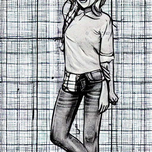 Prompt: perfectly symmetrical young blonde haired girl grinning, wearing cuffed jean shorts and a plaid shirt, black and white cartoon art, extremely fine thick black lines