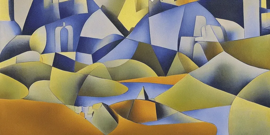 Image similar to sloping valley, a small river through the middle, in the style of cubism, abstract small boulders dotted around the landscape, low sun casting large shadows, in the style of dali