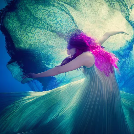 Image similar to woman dancing underwater wearing a flowing dress made of many translucent layers of blue, magenta, and yellow lace seaweed, delicate coral sea bottom, swirling silver fish, swirling smoke shapes, unreal engine, caustics lighting from above, cinematic, hyperdetailed