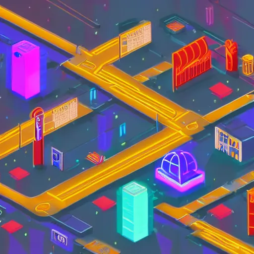 Image similar to isometric neon city at night rainy lamp posts few people in the future capital city