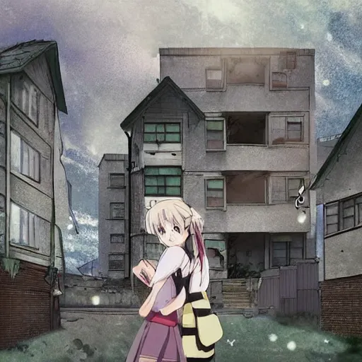 Prompt: Abandoned and derelict apartment complex with Chito and Yuuri standing in front of it in the style of Shōjo Shūmatsu Ryokō (girl's last tour) made by Tsukumizu, pixiv, pinterest anime, art by a known anime artist, art by manga, realistic, wide focus, 8k ultra, insanely detailed, intricate, elegant, art by Laurie Lipton, digital art