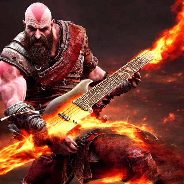 Image similar to kratos shredding on a flaming stratocaster guitar, cinematic render, god of war 2 0 1 8, santa monica studio official media, lightning, stripe over eye