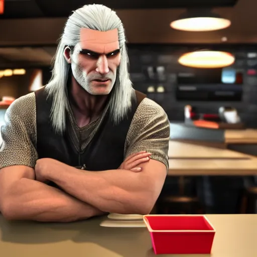 Prompt: geralt working in mcdonalds, movie still, dslr