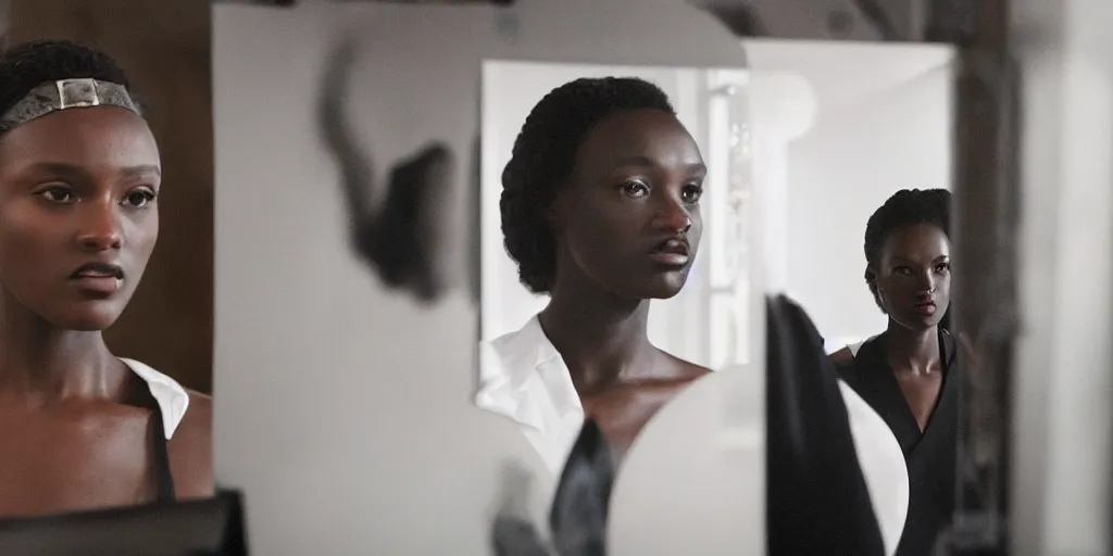 Prompt: ultra wide angle photo of jodie turner - smith dressed in a white blouse and black dress pants as diana prince looking at herself in a bathroom mirror and seeing her reflection as wonder woman