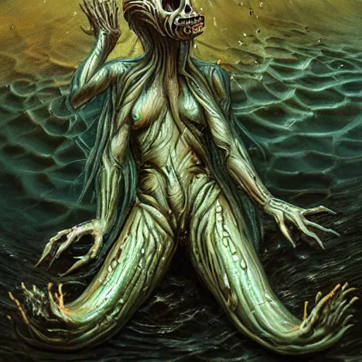 Prompt: creepy humanoid merfolk monster, slimy, wet, disturbing, long fingers, crawling up from shallow water, realistic, atmospheric, highly detailed, illustration, painting, concept art, scary