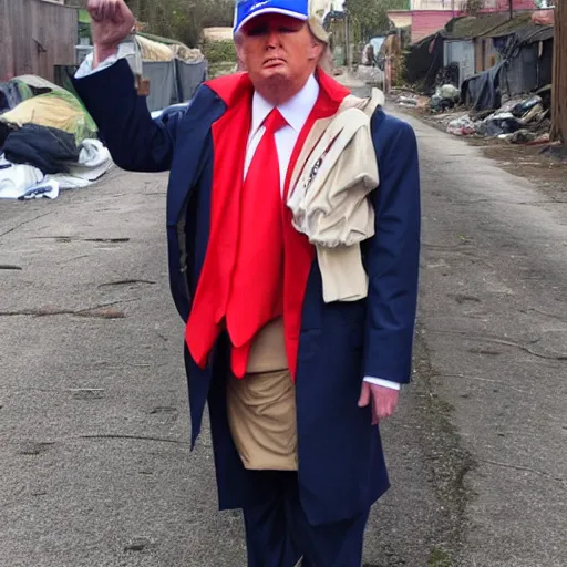 Image similar to donald trump dressed as a homeless man living in the slums