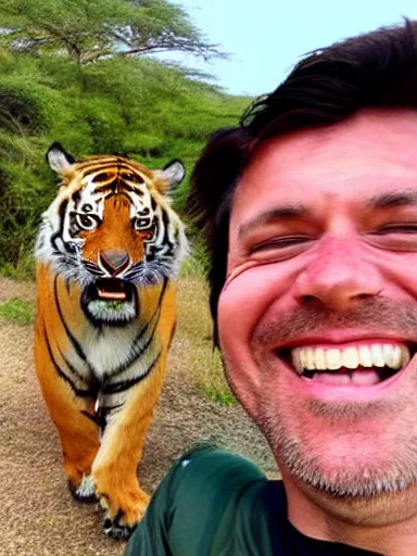 Image similar to a selfie of a man smiling in the safari with a tiger running up behind him