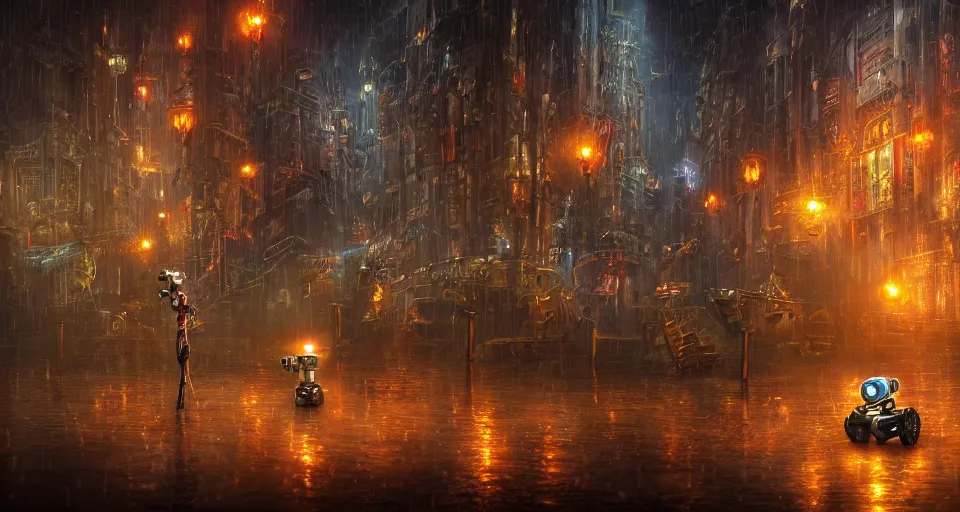 Image similar to a beautiful tapestry of a dream, a small robot playing 3 d chess, ultra detailed, cityscape, rainstorm, atmospheric, steampunk, moody, candles, characters from machinarium, by don bluth, trending on artstation, octane render, 8 k, ultra realistic