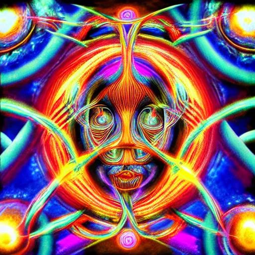 Prompt: hallucionational imaginery spirits, gaia, jesus, xray art, shaman mystic visions, symmetrical, in the style of pablo amaringo, alex grey, psychedelic, beautiful, imaginative, octane render