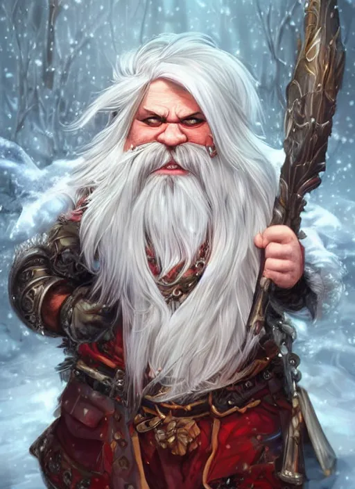 Prompt: dwarf with white hair, red iris, long beard, pale snow white skin, full body character portrait, colorful, highly detailed, digital art by artgerm and takehiko inoue