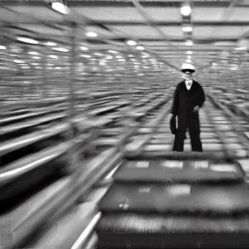 Image similar to grainy security cam footage still of Willy Wonka in his Chocolate Factory, extreme wide angle