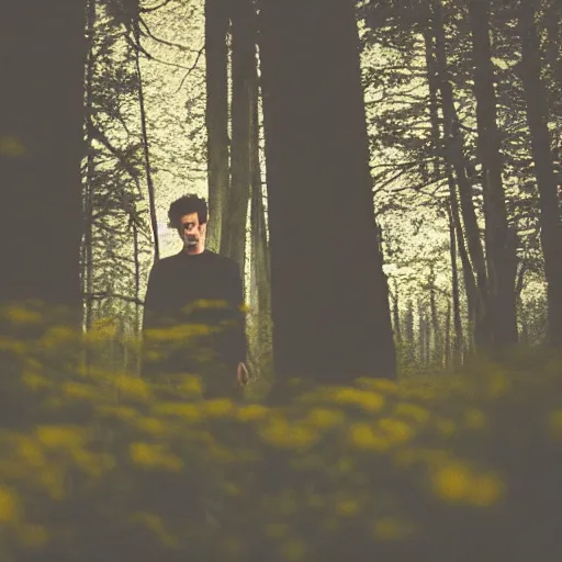 Image similar to close up kodak portra 4 0 0 photograph of a skinny guy standing in dark forest, face covered in flowers, moody lighting, telephoto, 9 0 s vibe, blurry background, vaporwave colors, faded!,