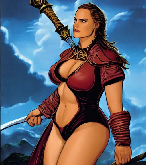 Image similar to 1 9 8 0 s fantasy novel book cover, bbw plus size amazonian natalie portman in extremely tight bikini armor wielding a cartoonishly large sword, exaggerated body features, dark and smoky background, low quality print