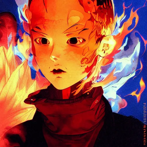 Image similar to prompt : flames portrait soft light painted by james jean and katsuhiro otomo and erik jones, inspired by evangeleon anime, smooth face feature, intricate oil painting, high detail illustration, sharp high detail, manga and anime 1 9 9 9