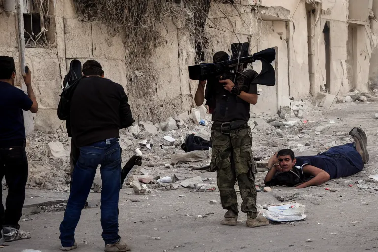 Prompt: first personal view sniper shoot back in the street Syria, photojournalism detailed