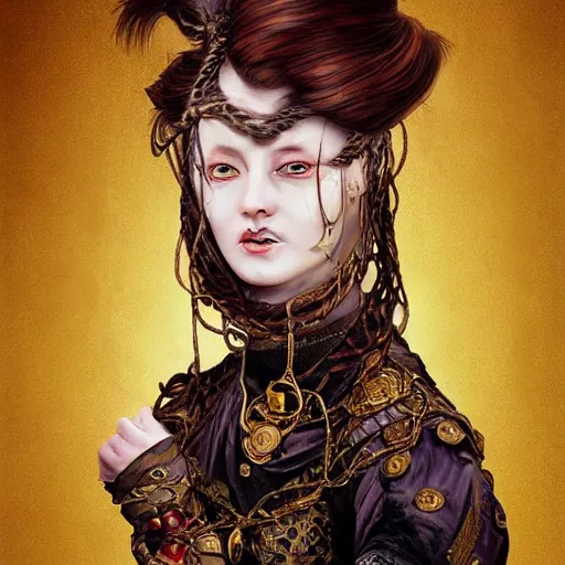 Image similar to portrait of a Shibari rope wrapped face and neck, headshot, insanely nice professional hair style, dramatic hair color, digital painting, of a old 15th century, old cyborg merchant, amber jewels, baroque, ornate clothing, scifi, realistic, hyperdetailed, chiaroscuro, concept art, art by Franz Hals and Jon Foster and Ayami Kojima and Amano and Karol Bak,