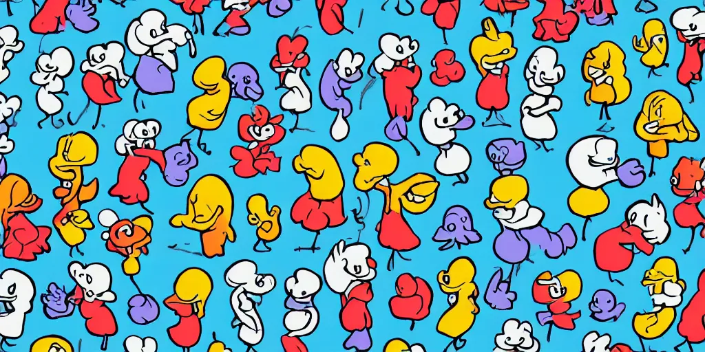 Image similar to a simple stylized drawing of long boned smurfs and color