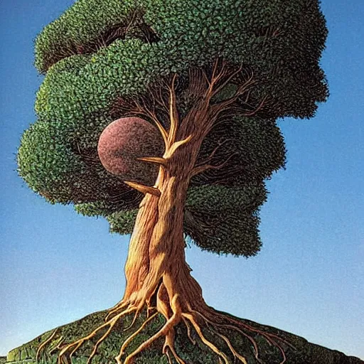 Prompt: a large tree growing from a large floating crystalline solid, by moebius