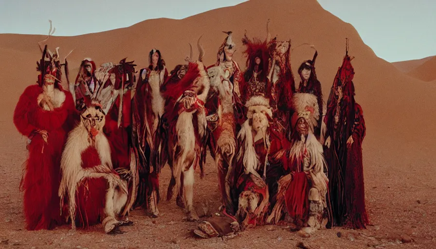 Image similar to high realistic photo portrait of esoteric tribes members with taxidermic flesh bloody jaw and elaborate red clothes in the desert, cinestill 800t 35mm, heavy grain, high quality,