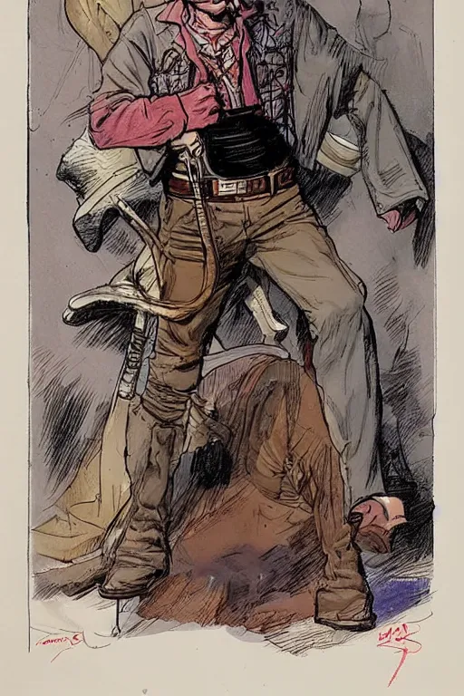 Prompt: jimmy. Smug old west circus sharpshooter. concept art by James Gurney and Mœbius.