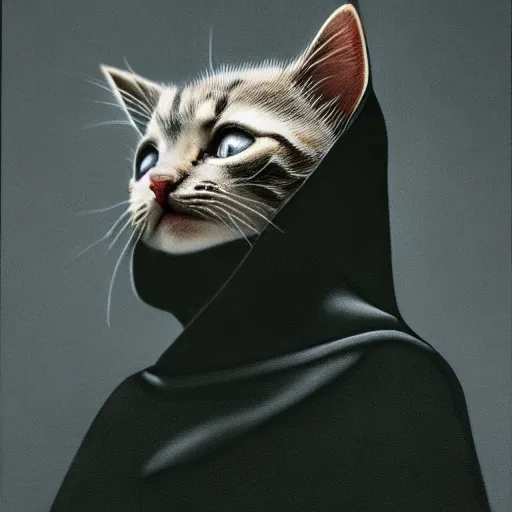 Image similar to a portrait of a kitten wearing a black hood, cloak covering face, anatomically correct, beautiful perfect face, enigmatic, oil painting, matte, black background, Volumetric dynamic lighting, Highly Detailed, Cinematic Lighting, Unreal Engine, 8k, HD, by Beksinski