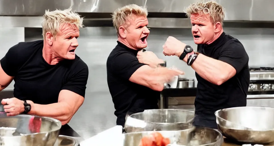 Image similar to photo of angry furious Gordon Ramsay fighting Gordon Ramsay at the kitchen