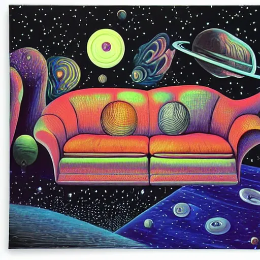 Image similar to psychedelic trippy couch in background in space, planets, milky way, sofa, cartoon by rob gonsalves and salvador dali