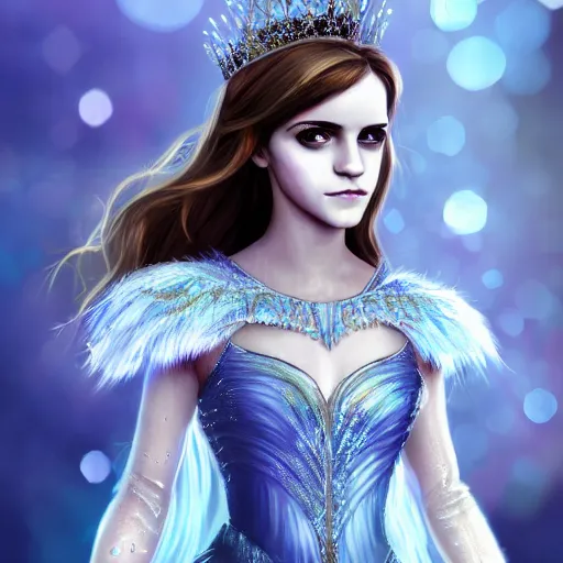 Image similar to Portrait shot of Emma Watson as the Queen of Ice, Ice crystal armor, snow falling, concept art, 4k, digital art, trending on art station, hd, doll, colorful backdrop, 3d anime