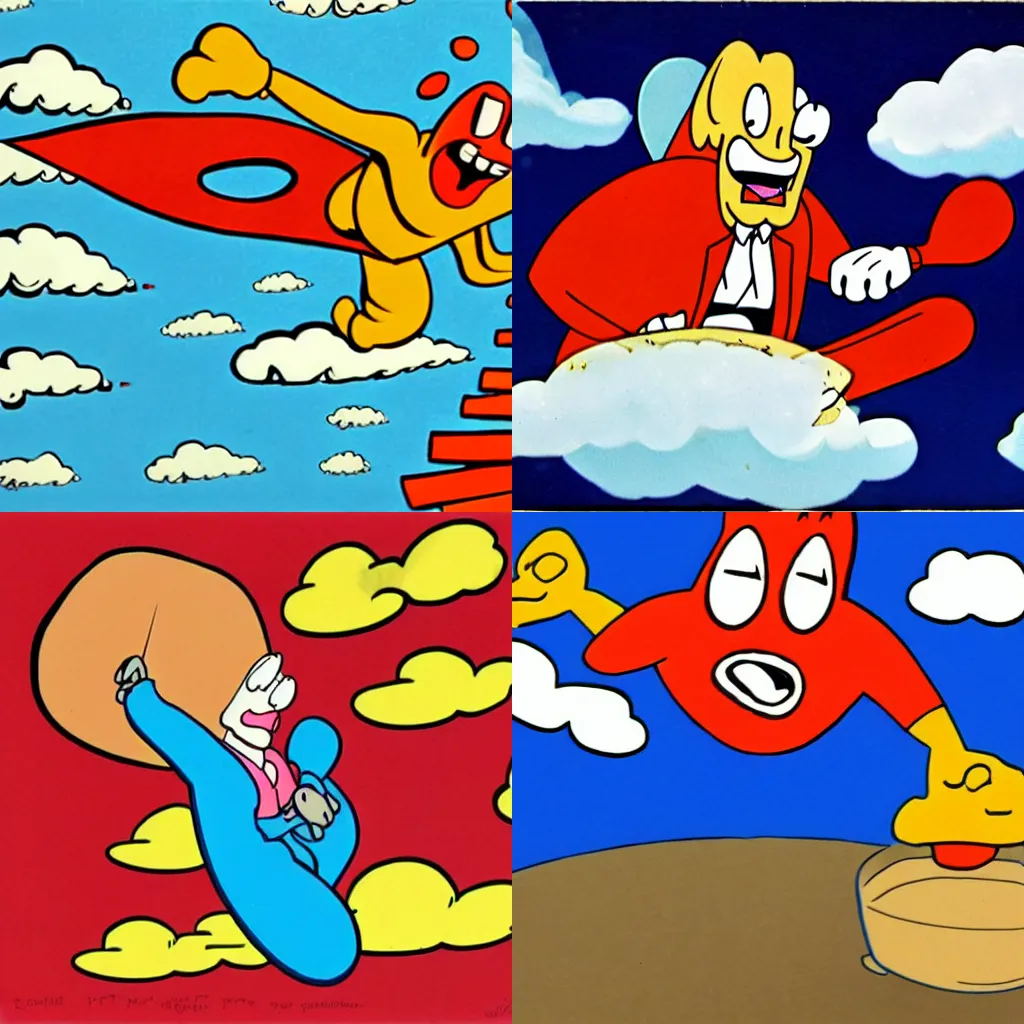 Prompt: powdered toast man flying in the clouds, ren & stimpy, cartoon style