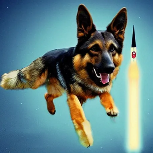 Prompt: Cosmonaut German Shepard flying on a rocket, Digital art,