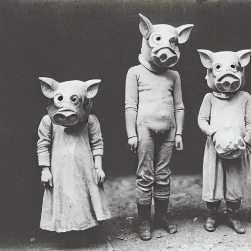 Image similar to portrait of children wearing pig masks, photograph, style of atget, 1 9 1 0, creepy, dark