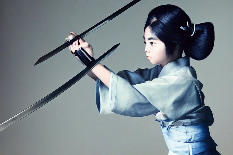 Prompt: beautiful photo of a young modern geisha samurai warrior practising the sword, mid action swing, beautiful eyes, shining silver katana sword, award winning photo, muted pastels, action photography, 1 / 1 2 5 shutter speed, dramatic lighting