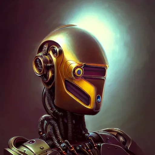 Image similar to low angle portrait shot of a cyberpunk gazmask robot character, intricate, elegant, highly detailed, centered, digital painting, artstation, concept art, smooth, sharp focus, illustration, artgerm, Tomasz Alen Kopera, Peter Mohrbacher, donato giancola, Joseph Christian Leyendecker, WLOP, Boris Vallejo