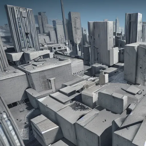 Prompt: brutalist city with sharp edges and (concrete) walls and busy streets, highly detailed, sky shot, in the bright day, in the far future.