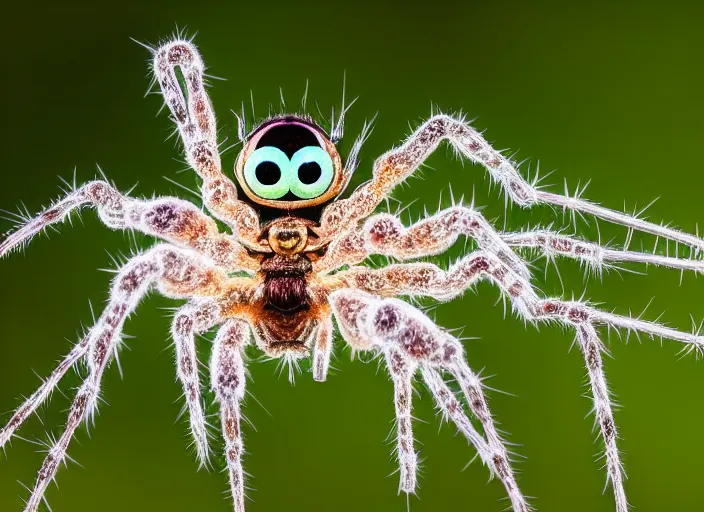 Image similar to super macro of a crystal spider with big eyes sitting on a flower, in the forest. Fantasy magic style. Highly detailed 8k. Intricate. Nikon d850 300mm. Award winning photography.