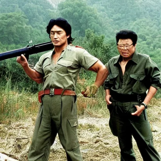 Image similar to a still of Rambo First blood with Kim Jong-il on the role of John Rambo