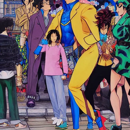 Prompt: a beautiful painting of a man with superpowers posing for a picture on a city street by hirohiko araki, detailed line art, jojos bizarre adventure