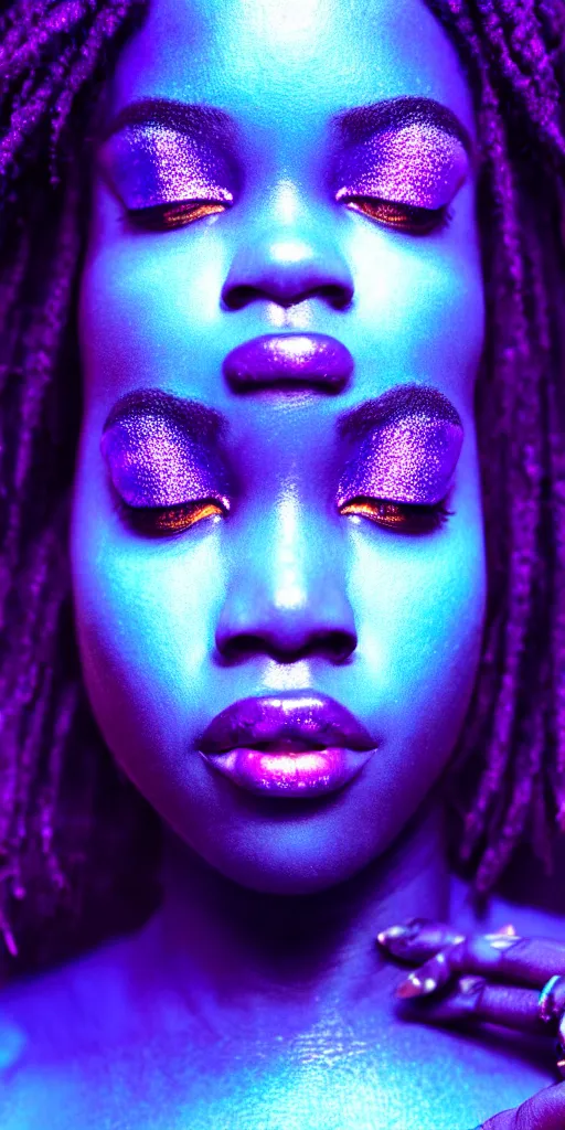 Image similar to hyperrealistic intricate close-up of beautiful african woman with purple hair and pearlescent blue skin james paick machiej kuciara dramatic neon lighting on one side