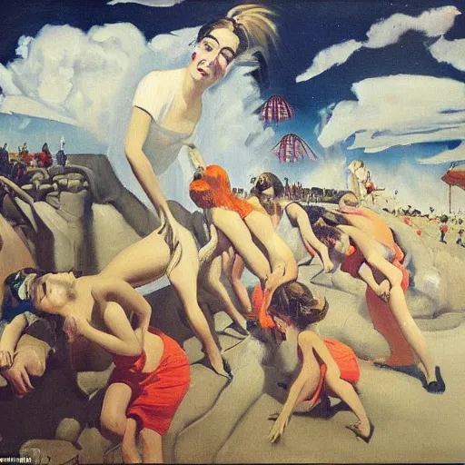 Prompt: famous oil painting of girls comb their hair in rear view mirrors, boys try to look tough, the amusement park rises bold and stark, kids are huddled on the beach in a mist, by neo rauch