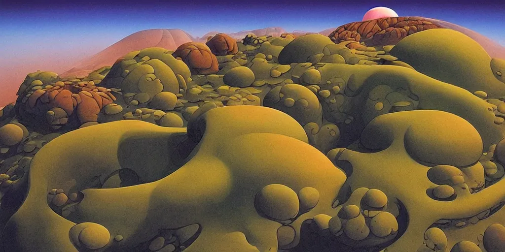 Image similar to extraterrestrial landscape, harmony, by roger dean