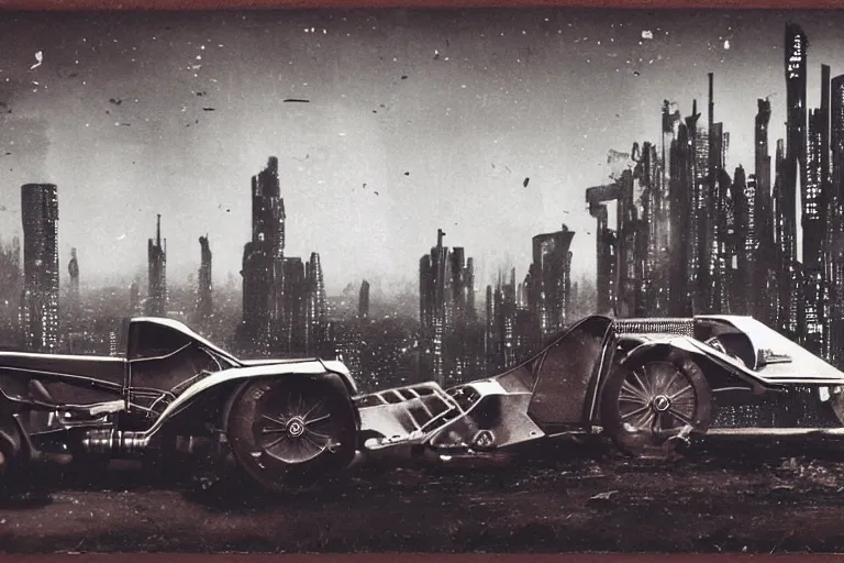 Image similar to cyberpunk 1 9 2 6 bugatti type 3 5 by paul lehr, jesper esjing, metropolis, view over city, vintage film photo, damaged photo, scratched photo, scanned in, old photobook, silent movie, black and white photo