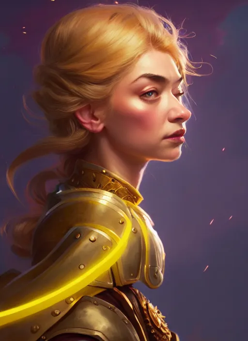 Image similar to side portrait, imogen poots, paladin!, fantasy, gloomhaven, luminescent, organic painting, gaudy colors, octane render, unreal engine, by greg manchess, huang guangjian, gil elvgren, sachin teng, greg rutkowski, jesper ejsing, ilya kuvshinov