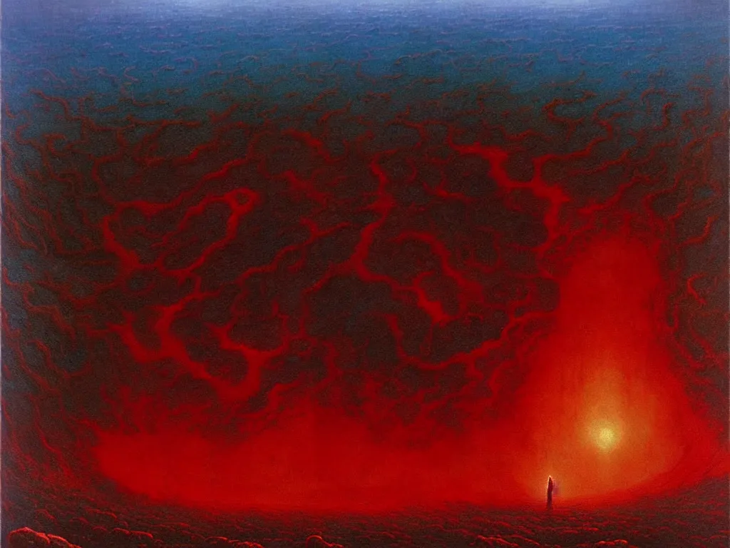 Image similar to an epic landscape painting of a nightmarish hellscape full of cosmic horrors, by zdzisław beksinski and greg rutkowski, horror, surreal, dark, vivid, red, blue, oil on canvas, epic, dramatic, cinematic